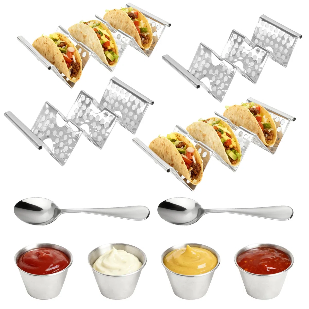 10 Soporte para Tacos de Acero Inoxidable con Cuencos para Mojar y Cuchara, Estante para Tacos Wave hasta 3 Tacos Cada Uno, Soporte para Perritos Calientes para Mantener Sandwiches Tortitas