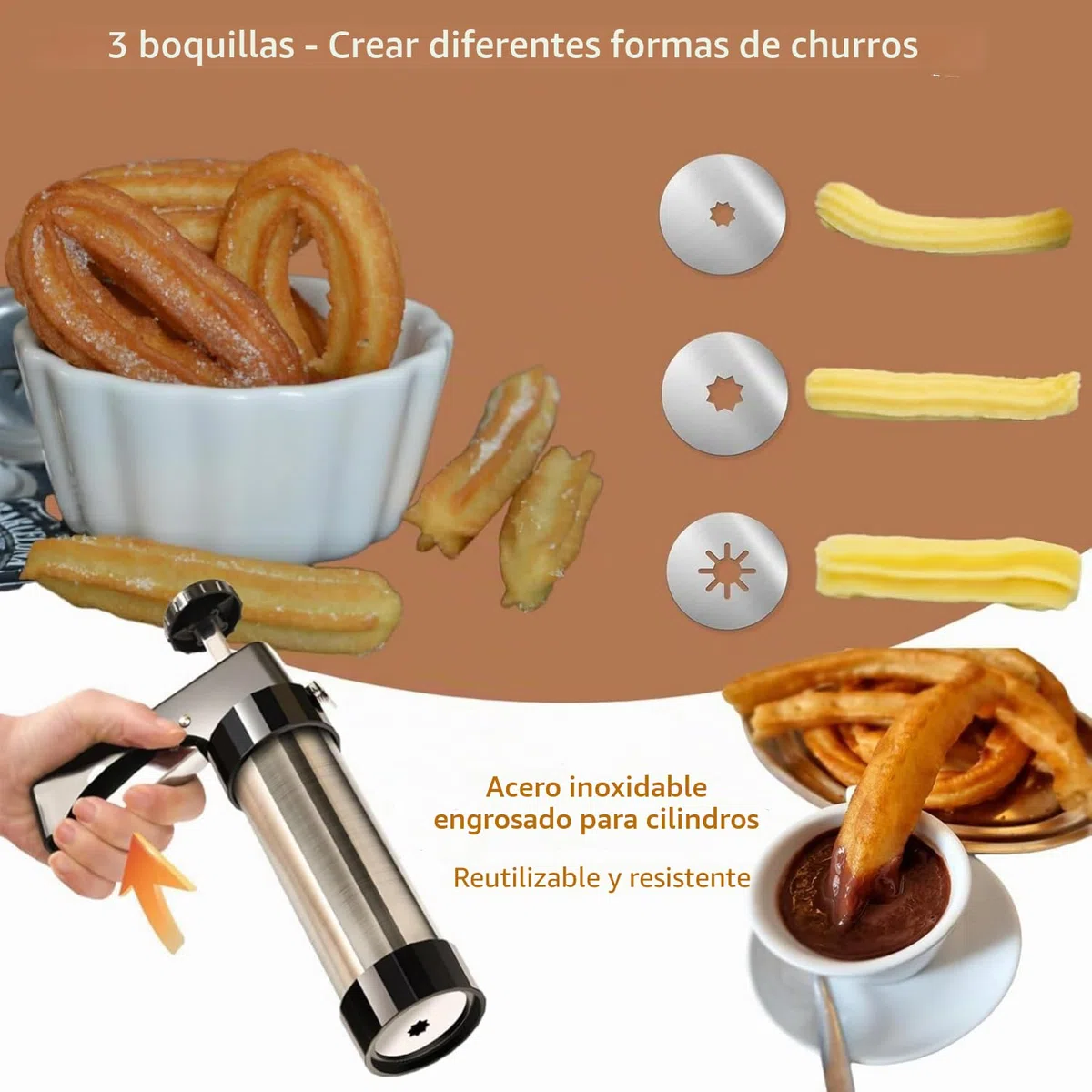 Churrera con 3 boquillas de diferentes formas, churrera para churros, bolsa de glaseado con boquillas para varias decoraciones, máquina de churros diámetro 5,6 x 21 cm
