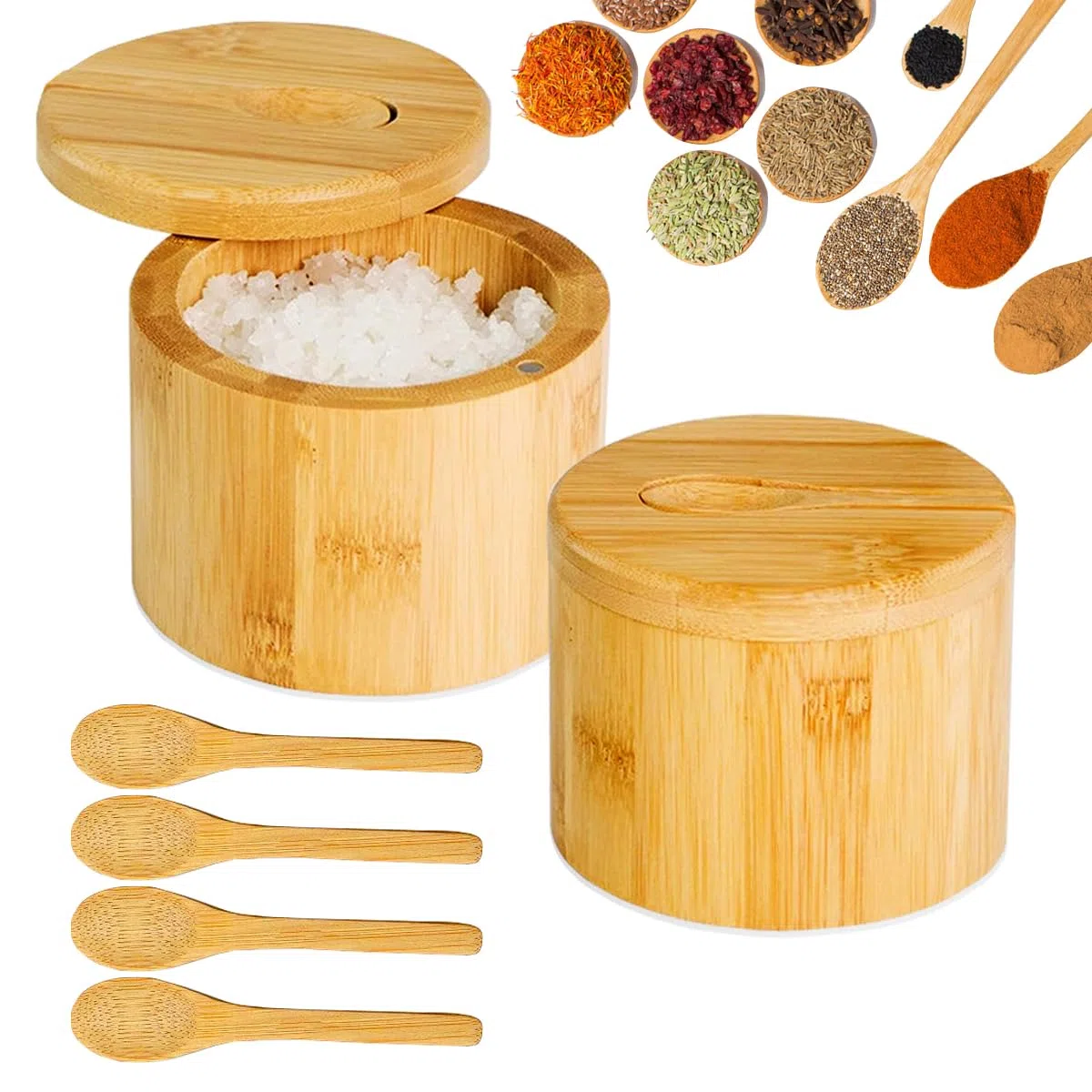 2 cajas de sal de bambú, caja de almacenamiento redonda de sal y especias con tapa giratoria magnética y 6 cucharas, recipientes para especias de pimienta, tarros para condimentos para cocina