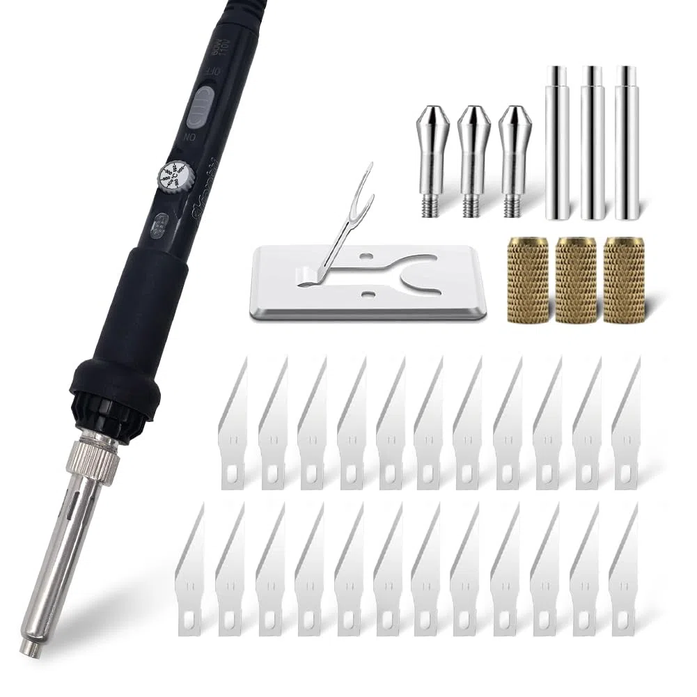 31 Piezas Kit de Herramientas Eléctricas para Cortar Cuchillos Calientes | 23 Cuchillas | Temperatura Ajustable | 3 Manguitos de Sujeción | para Espuma Plástico Tela Cuerda Artesanía Tallado