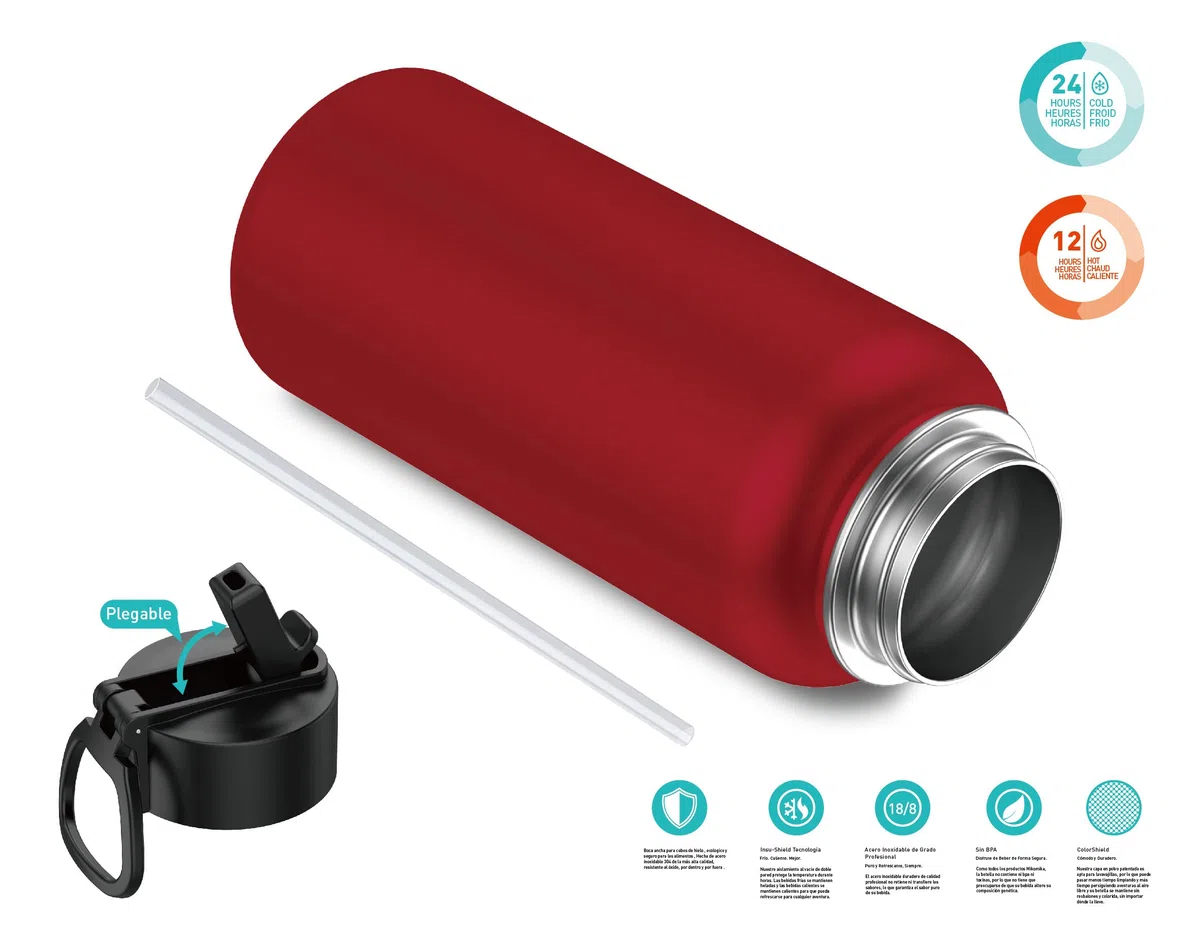 Mi Ko Mi Ka Botella de Agua de Acero Inoxidable - Botella Térmica Reutilizable Deportiva | Sin BPA | Mantiene Frio y Calor | Termo y Hermética - A Prueba de Fugas (1 Litro, Rojo)