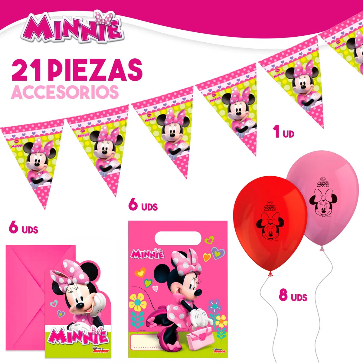 Disney - Set de fiesta Minnie Mouse, Decoración cumpleaños Minnie Mouse, Kit fiesta de cumpleaños, Vajilla infantil desechable, (globos, platos, banderines, vasos, servilletas), 8 comensales, (71994)