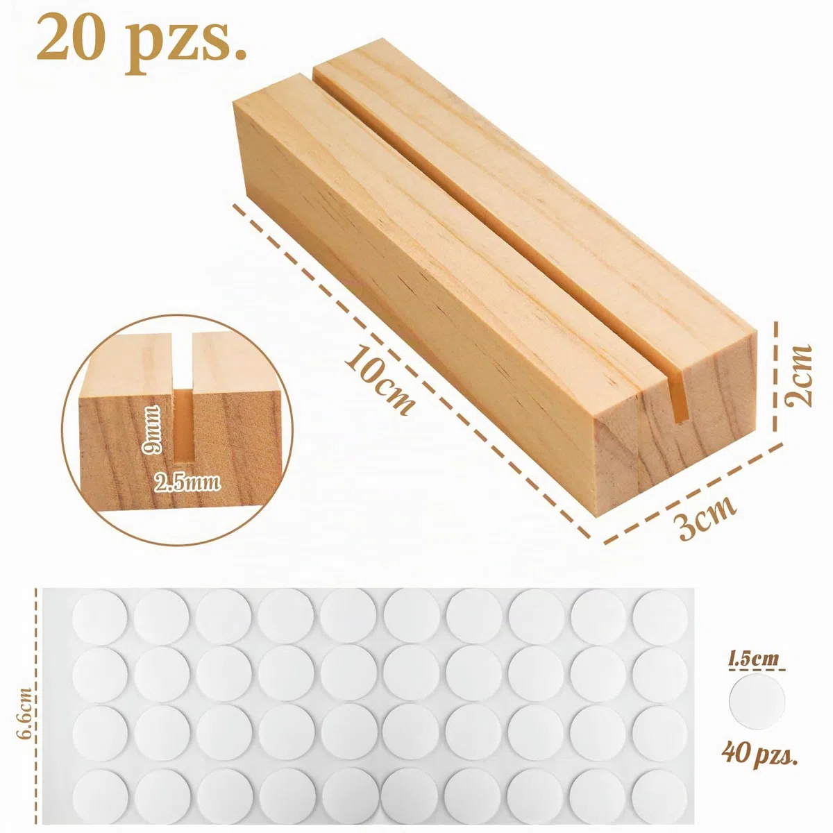 20 soportes para tarjetas de madera con ranura recta y adhesivo nano sin puntos, soporte para tarjetas de mesa, soporte para tarjetas de menú, soporte para tarjetas postales de madera de pino
