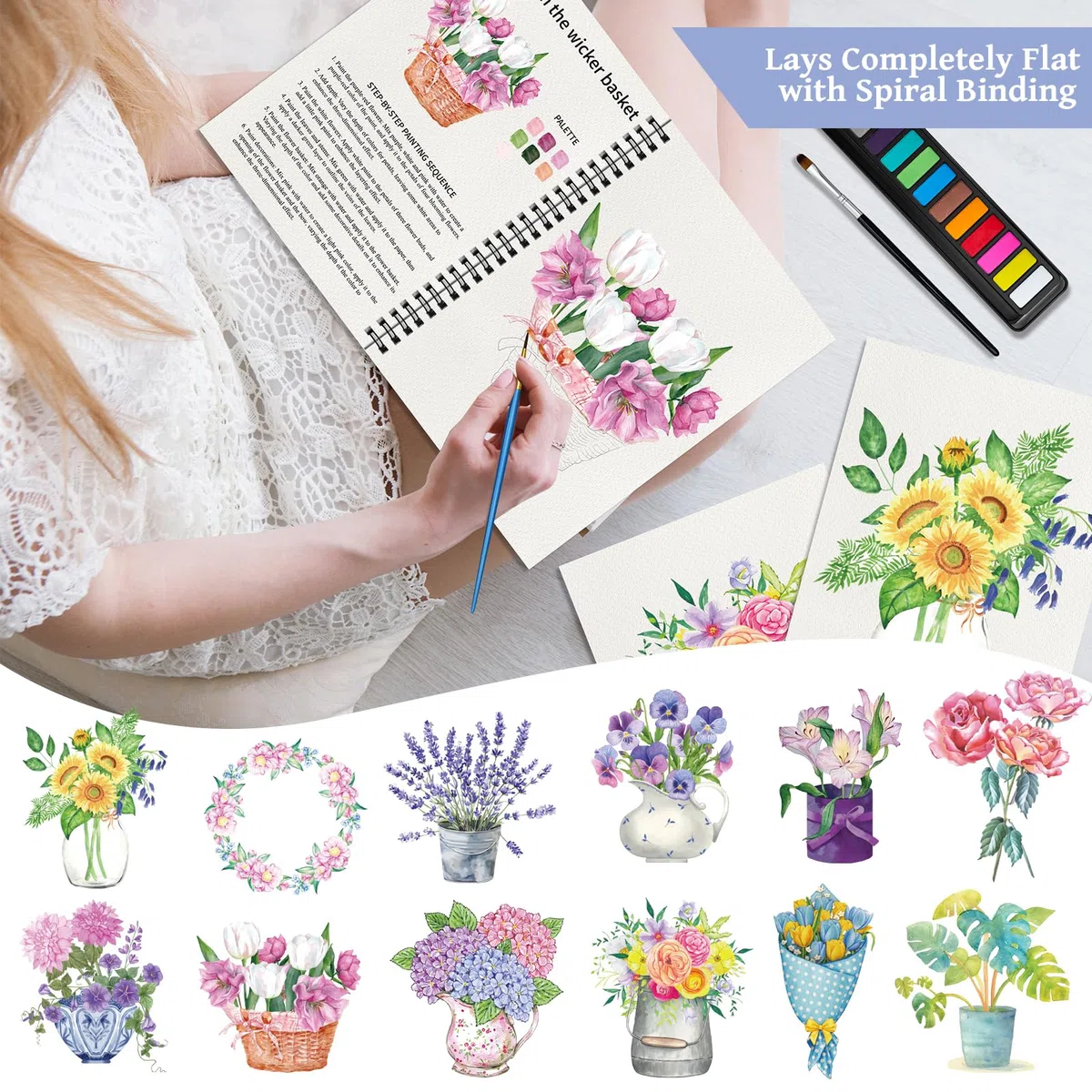 Kalysky Cuaderno de Trabajo de Acuarela, Libro para Colorear con 12 Acuarelas y 2 Cepillos, 20 Pinturas Paso a Paso para Principiantes