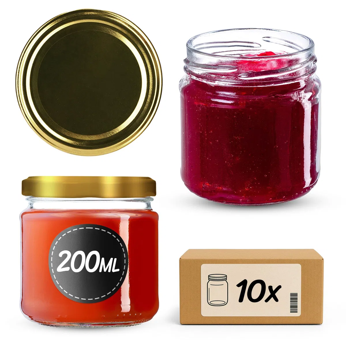 KADAX Juego de 10 Tarros Pequeños de 200 ml, Botes de Cristal con Tapa Hermética de 66 mm para Miel, Conservas, Especias y Mermeladas (Dorado)