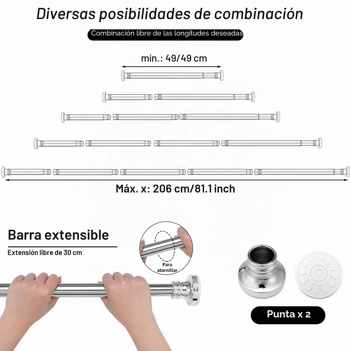 Barra tensora de acero inoxidable de 68-200cm extensible | Barra de cortina de ducha sin taladrar | Barra de cortina ajustable para baño, cocina y puertas de armario | Barra telescópica con red y tul