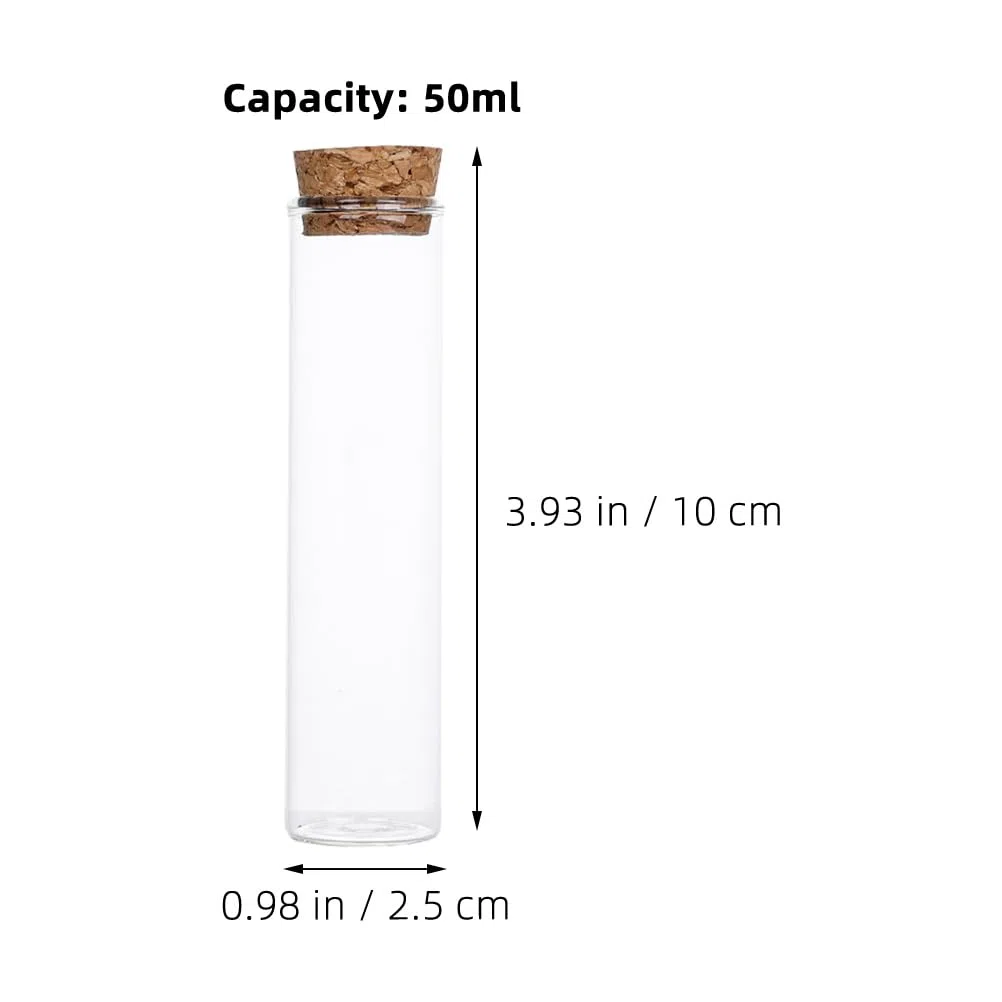 Botellas de Vidrio Decorativas Mini con Tapón de Corcho 50 Ml, Frascos de Vidrio Transparentes 25x100 Mm, para Recuerdos y Decoración, Paquete de 10 Unidades