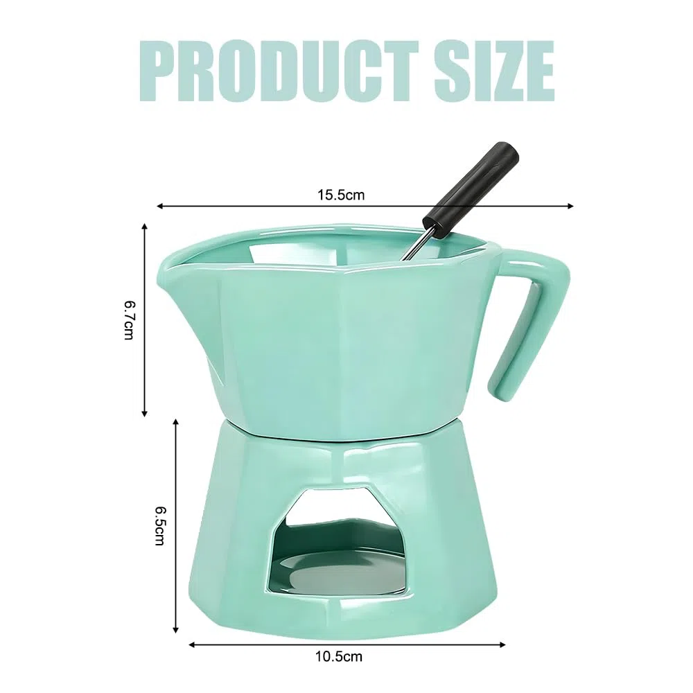 Fondue de Chocolate, Fondue Chocolate y Mantequilla de Cerámica, Set de 300ml con 1 Tenedores para Queso (Verde)