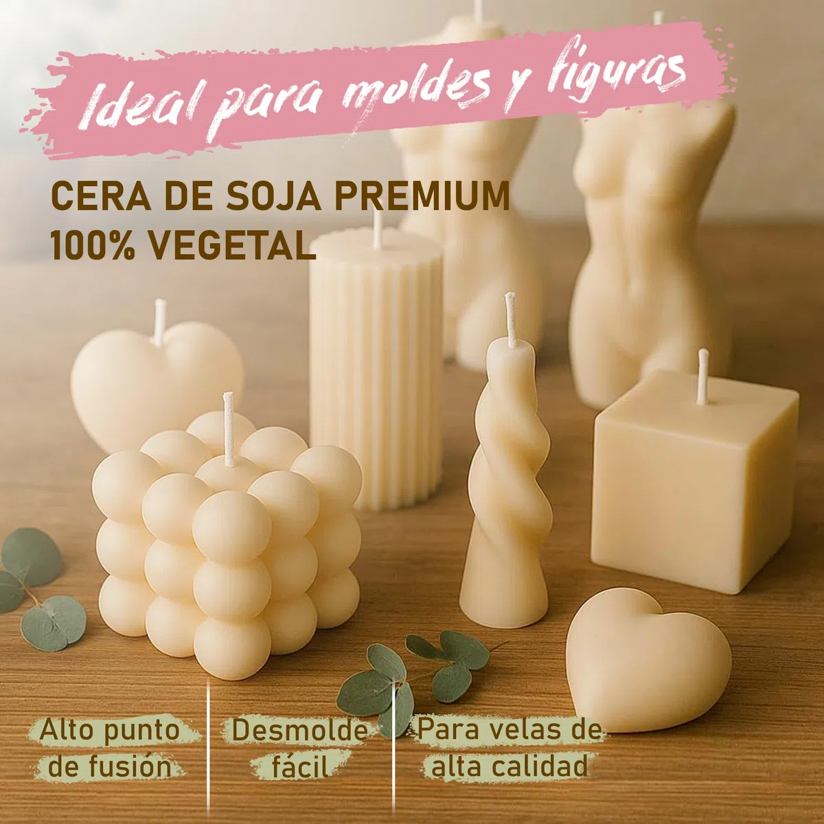 Cera de soja 100% Natural Premium para moldes, figuras, wax melts en bolsa de 2Kg. Perlas de alto punto de fusión y desmolde fácil, sin olor para DIY. Compatible con colorantes y fragancias.