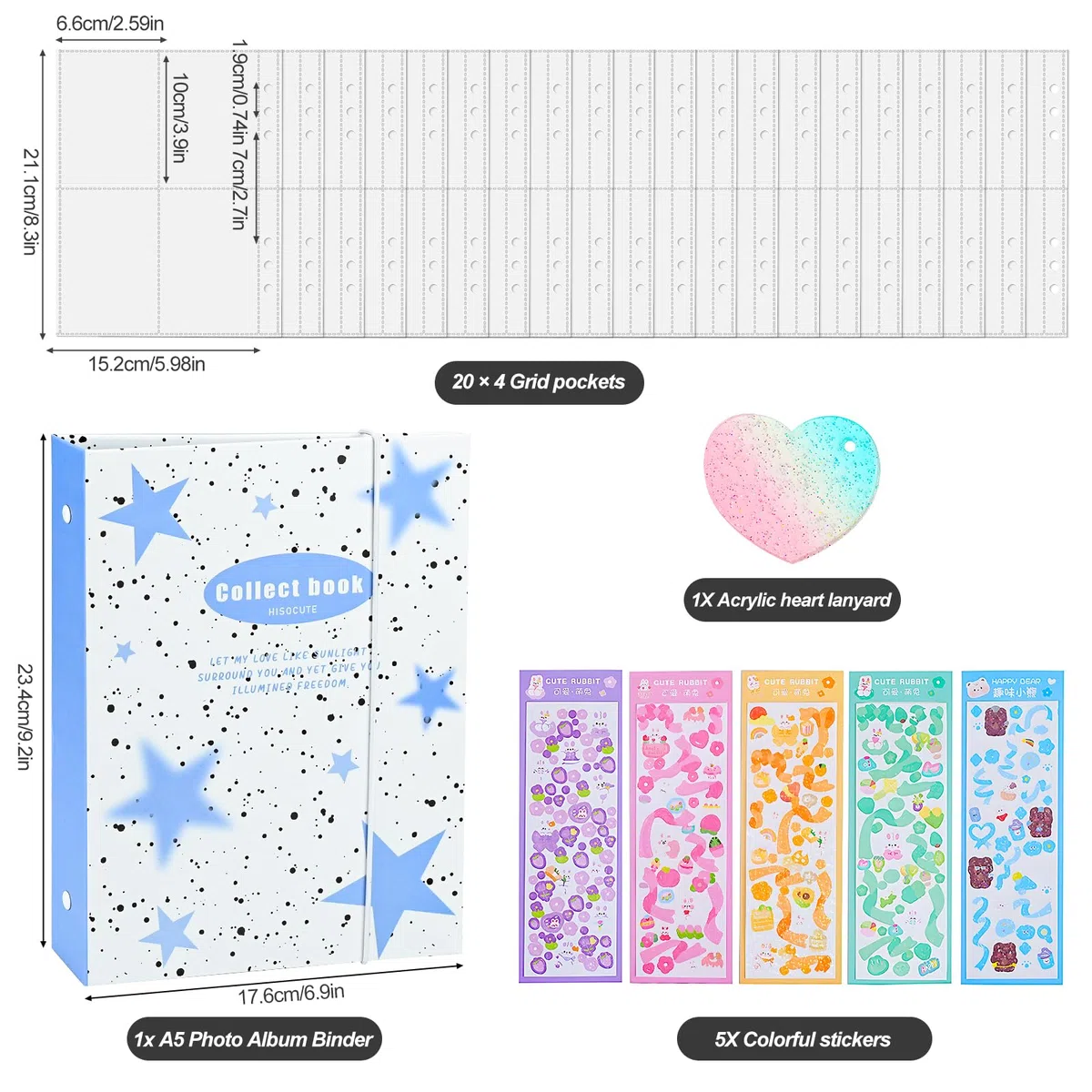 Álbum de fotos A5, portatarjetas de fotos Kpop de 3 pulgadas con 20 hojas, 4 compartimentos para fundas de fotos (160 bolsillos), funda transparente, 5 pegatinas de colores, 6 carpetas de anillas,