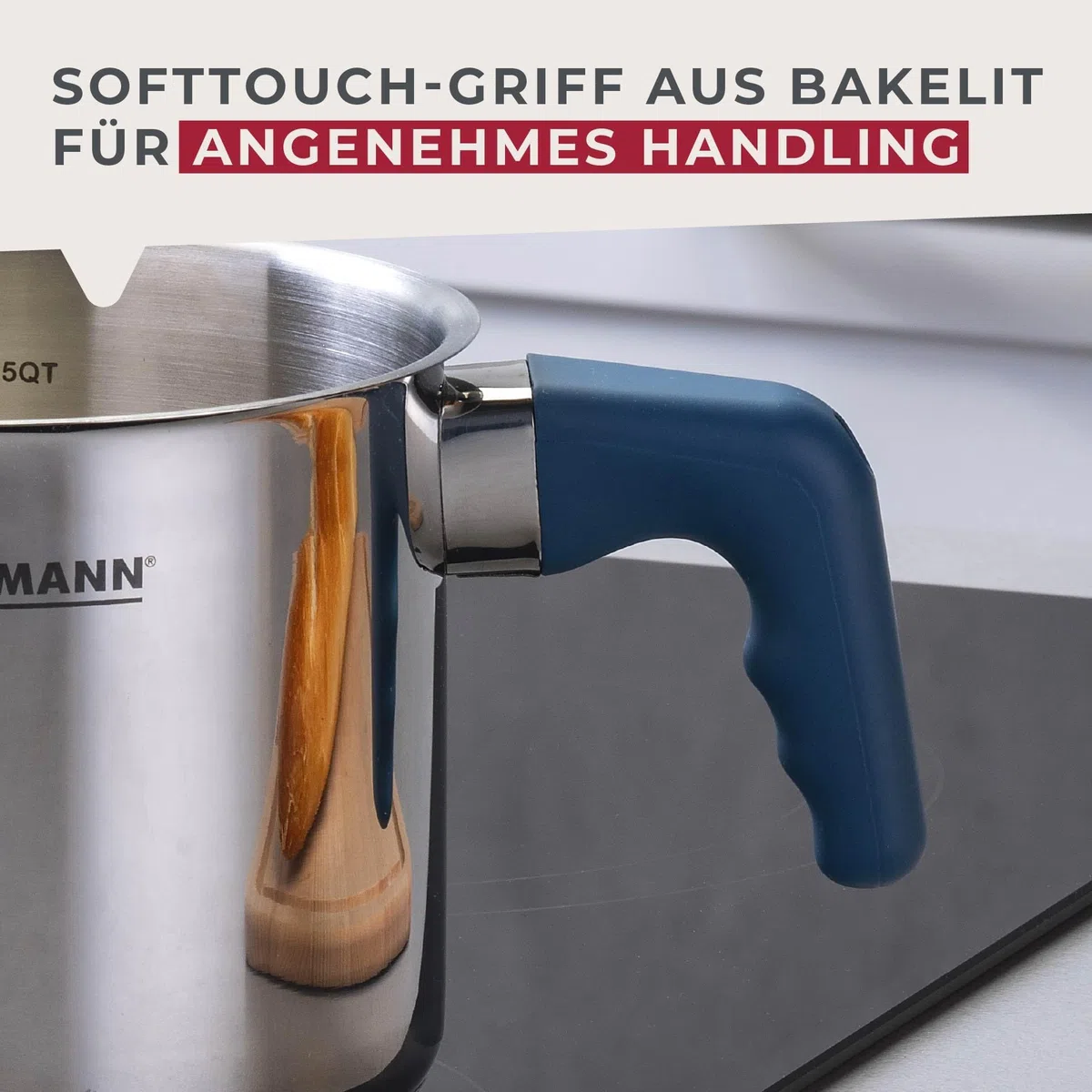 Fackelmann Olla para leche Essential Ø 14 cm de acero inoxidable con mango ergonómico de baquelita y práctica escala de litros – Ideal para todo tipo de fuegos