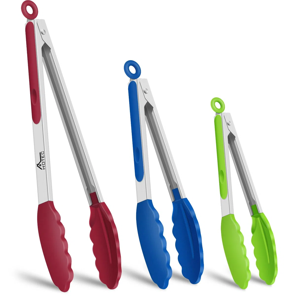 Hotec Pinzas de Cocina de Acero Inoxidable con Puntas de Silicona, 17.8cm, 23cm, 30.5cm,Multicolor