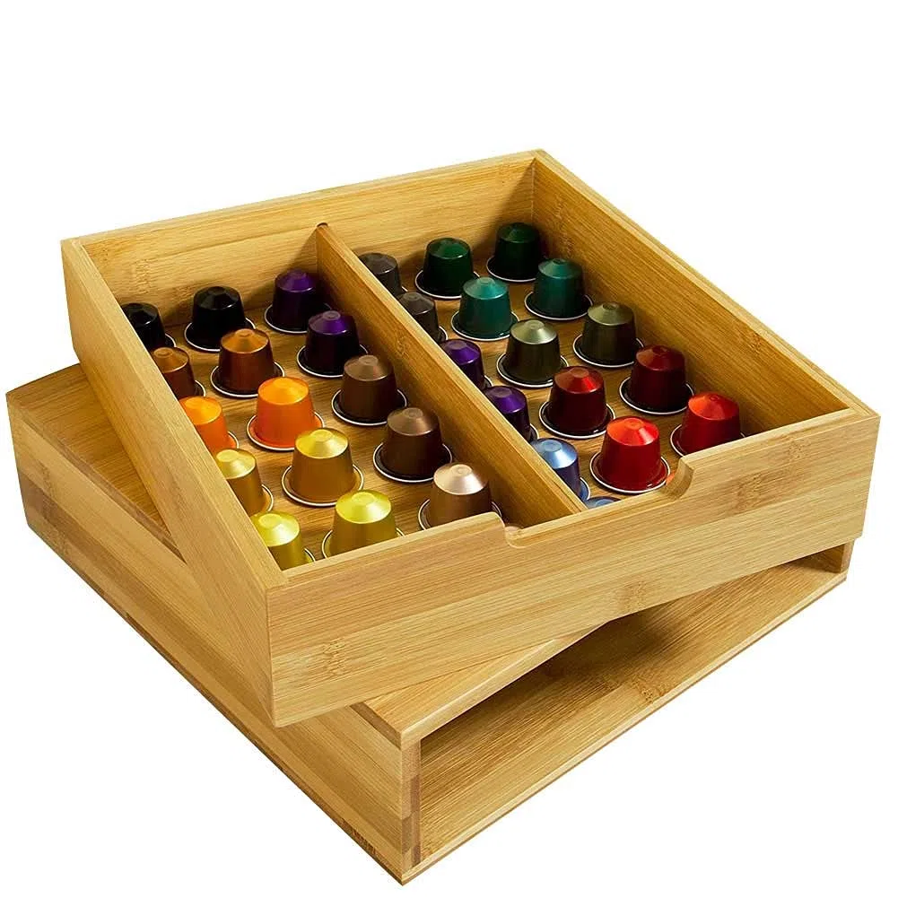 BAKAJI Dispensador Con Cajón Para Almacenar Cápsulas Almacenamiento Organizador Cápsula de Nespresso Dolce Gusto Café Té Pòds Porta Cápsulas de Madera de Bambú 31 x 30,5 x 9,5 cm