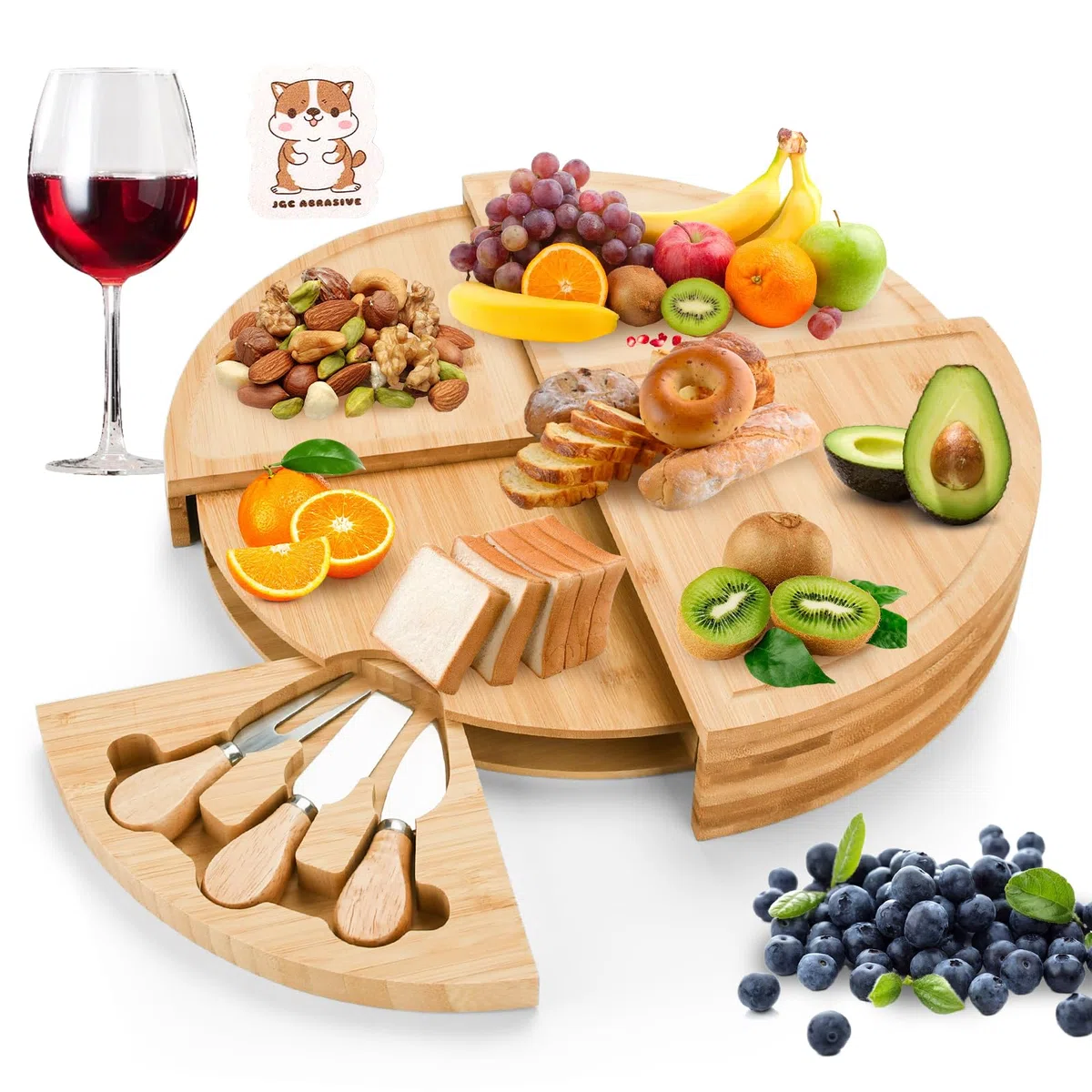 Set Tabla de Queso de Bambú y Cuchillos,Tabla de Quesos de Bambú,Tabla de Quesos Redonda,Bandeja de Servir de Bambú,para Servir Embutidos,Picnics,Fiestas,Frutas,Verduras,Carne