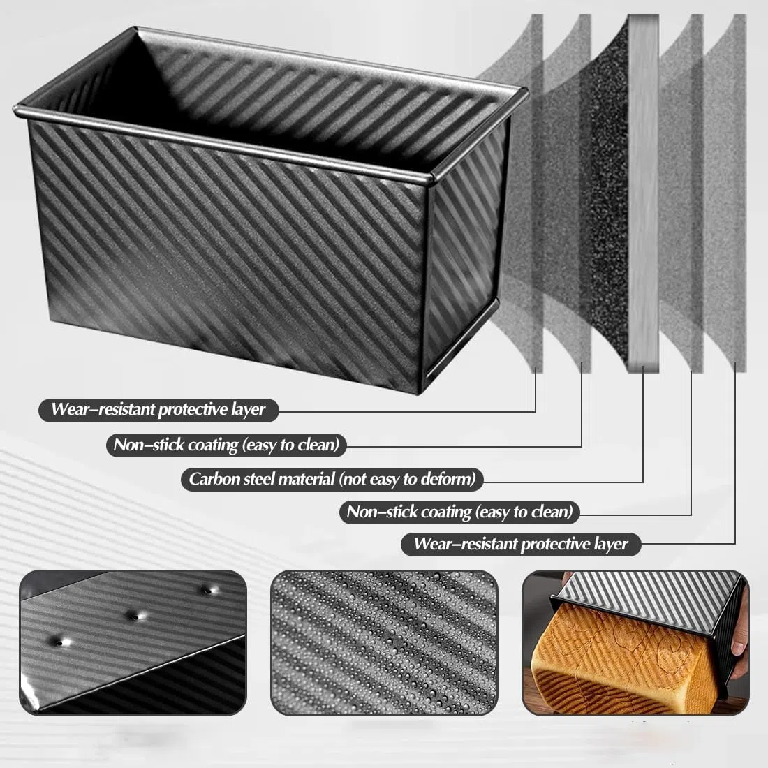 Molde para Pan Tostado con Tapa, Molde para Pan con Tapa de 450 g, Molde para Hornear Pan Antiadherente, para Tostadas, Bollería, Pan y Pasteles (21 x 11 x 11, 5 cm), Negro