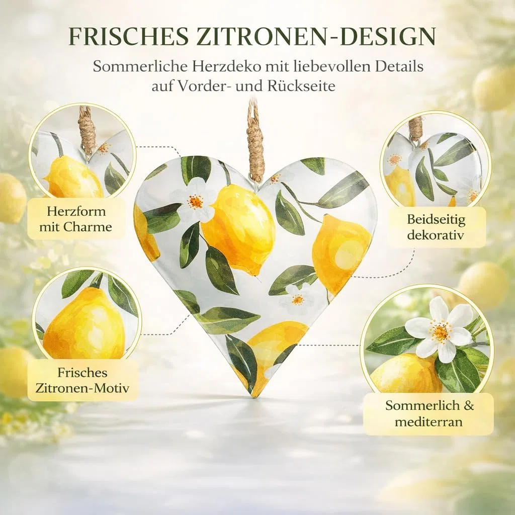 Formano Colgante decorativo de metal con forma de corazón, 10 cm, con diseño de limón, impreso por ambos lados, decoración de ventana de verano para colgar para cocina, balcón, terraza y sala de estar