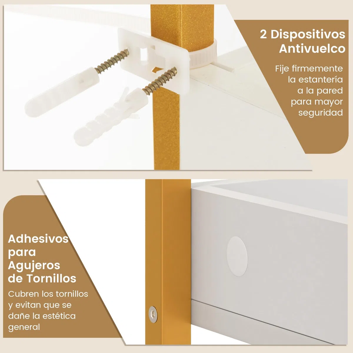 COSTWAY Estanteria sobre Inodoro WC, Estantería de Almacenamiento de 3 Niveles para Baño con 4 Ganchos y Barra Inferior Ajustable, Estantería Multiusos para Baño Lavadero (Blanco + Dorado)