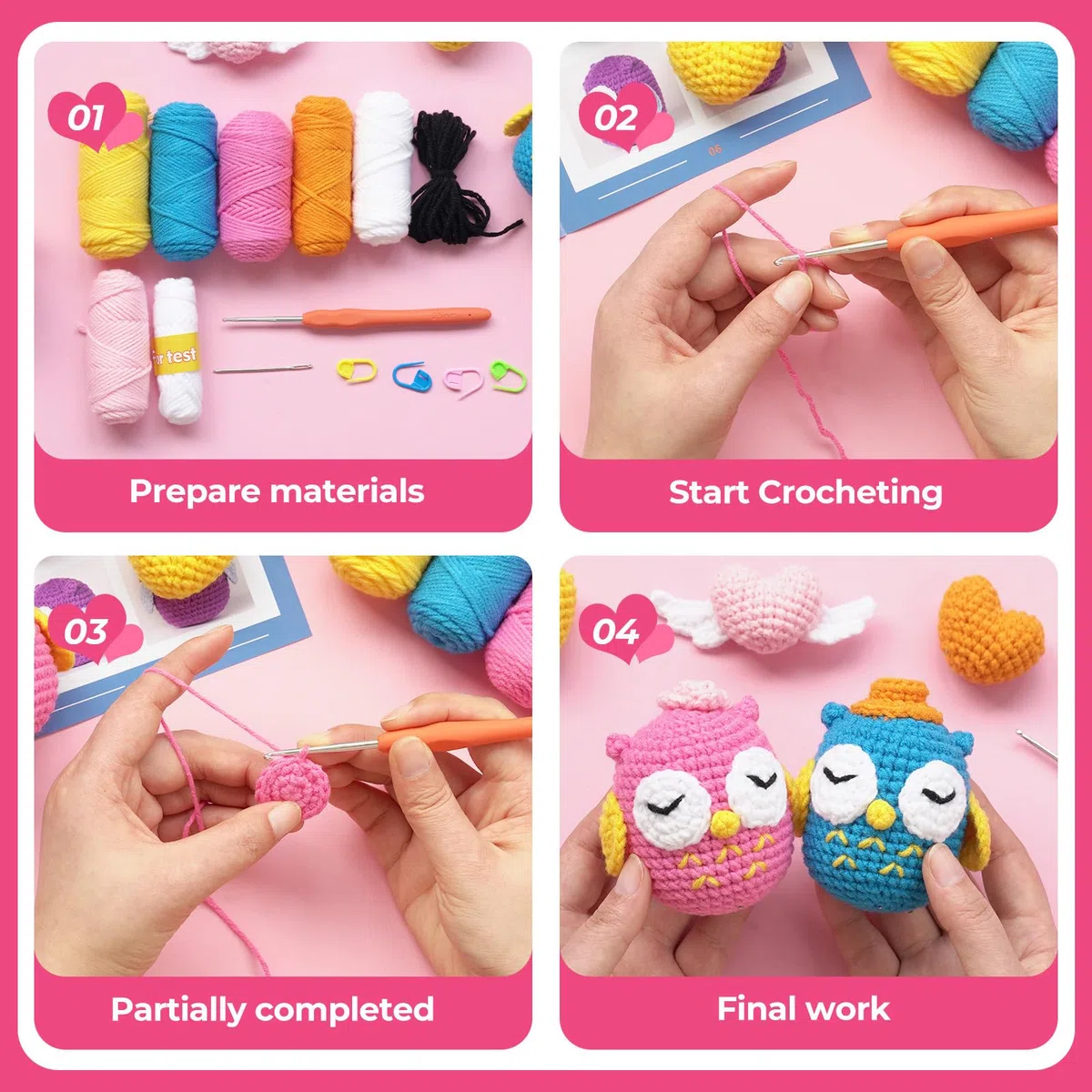 JasCherry Kit de crochet, kit de animales para principiantes adultos, regalo de crochet DIY con video instructivo paso a paso, hilo suave, manualidades de tejido - Búho azul y rosa