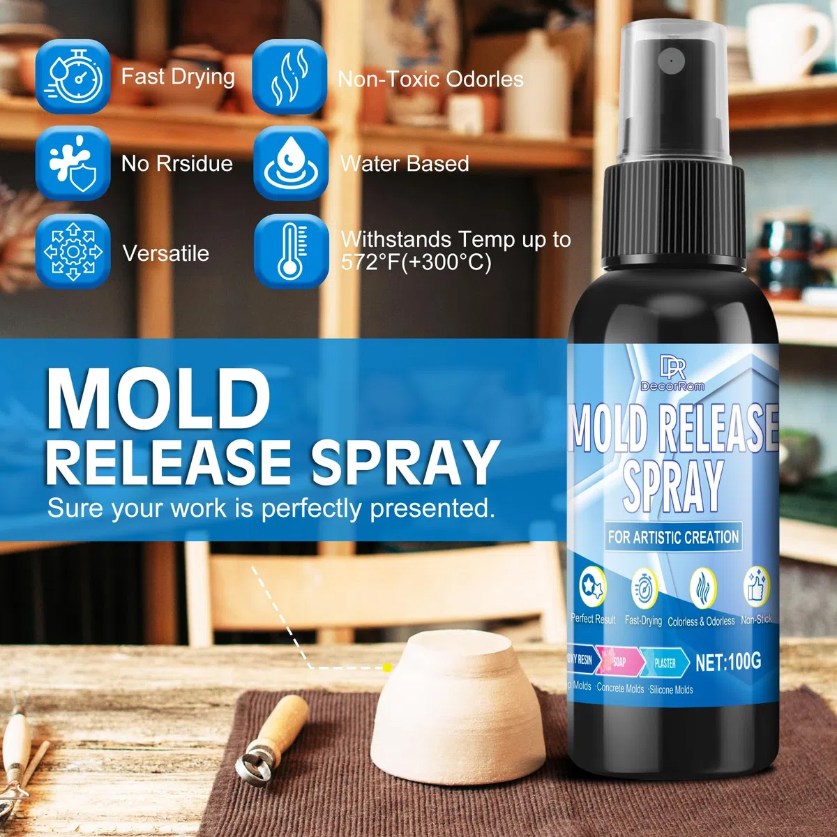 DecorRom Spray separador de moldes de silicona, 200 ml, antimoho, secado rápido, inodoro, adecuado para desmoldar velas, yeso, jabón y resina epoxi de plástico, yeso y moldes de metal