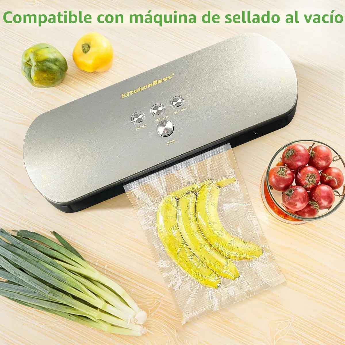 KitchenBoss Bolsas Envasar al Vacio：Bolsas Vacio Alimentos 5 Rollos 28x300cm, Rollos Envasadora al Vacio Adecuado para sous vide, sellador al vacío y Microondas
