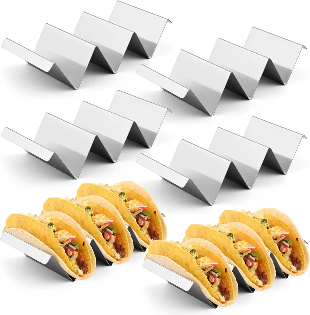 LATERN 6 Piezas Soportes para Tacos, 21CM x 10CM Soporte para Tacos de Acero Inoxidable Bandeja Vertical para 3 Piezas Tacos Elegantes Soportes con Asas - Apto para Horno, Parrilla y Lavavajillas