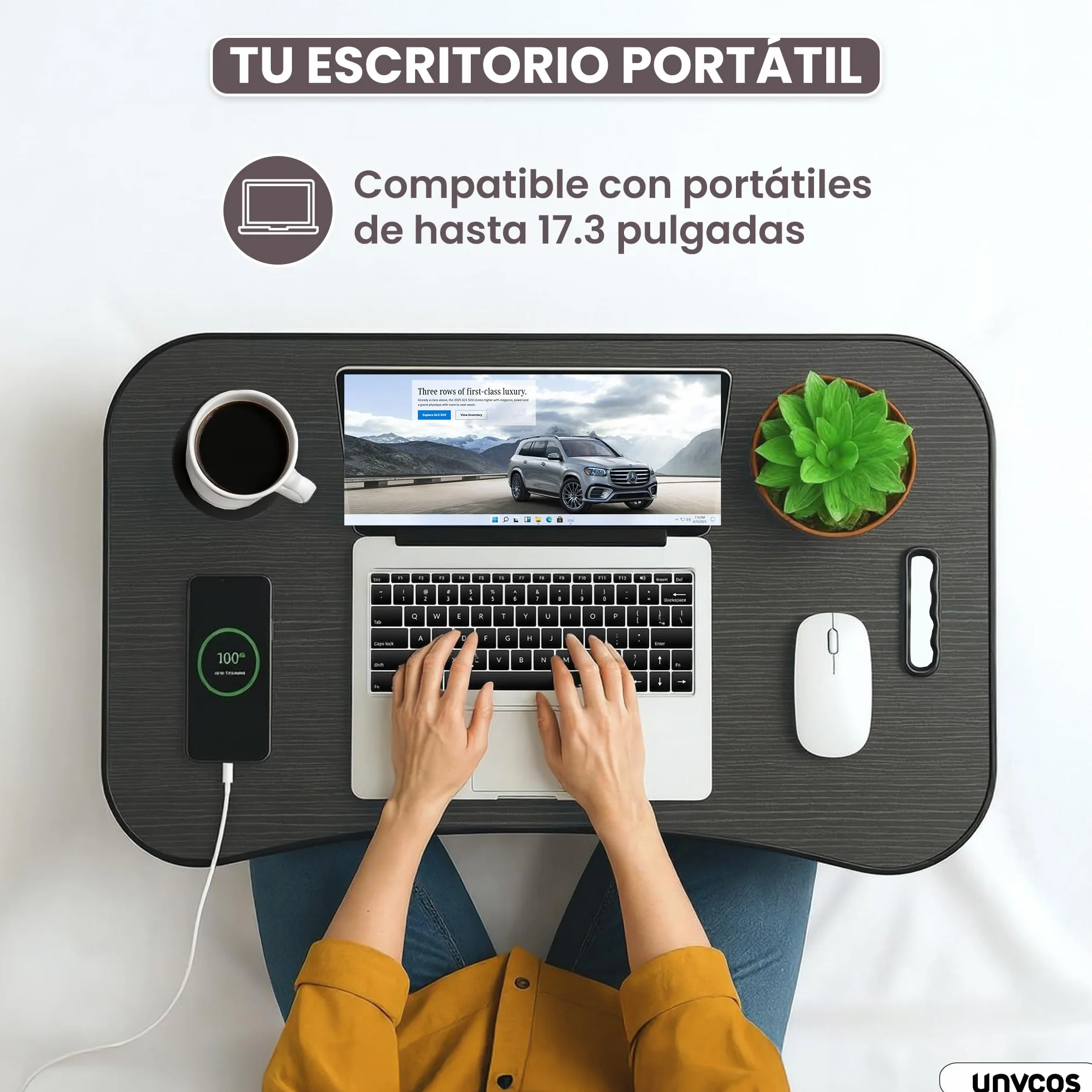 unycos - Bandeja para Cama, Mesa Plegable de Desayuno, Multiusos, Ideal para Portátil, Ordenador y Libros, Ergonómica, Mesa Auxiliar con Atril para Leer en la Cama 60x40x26 cm (Negro/Gris sin Cajón)