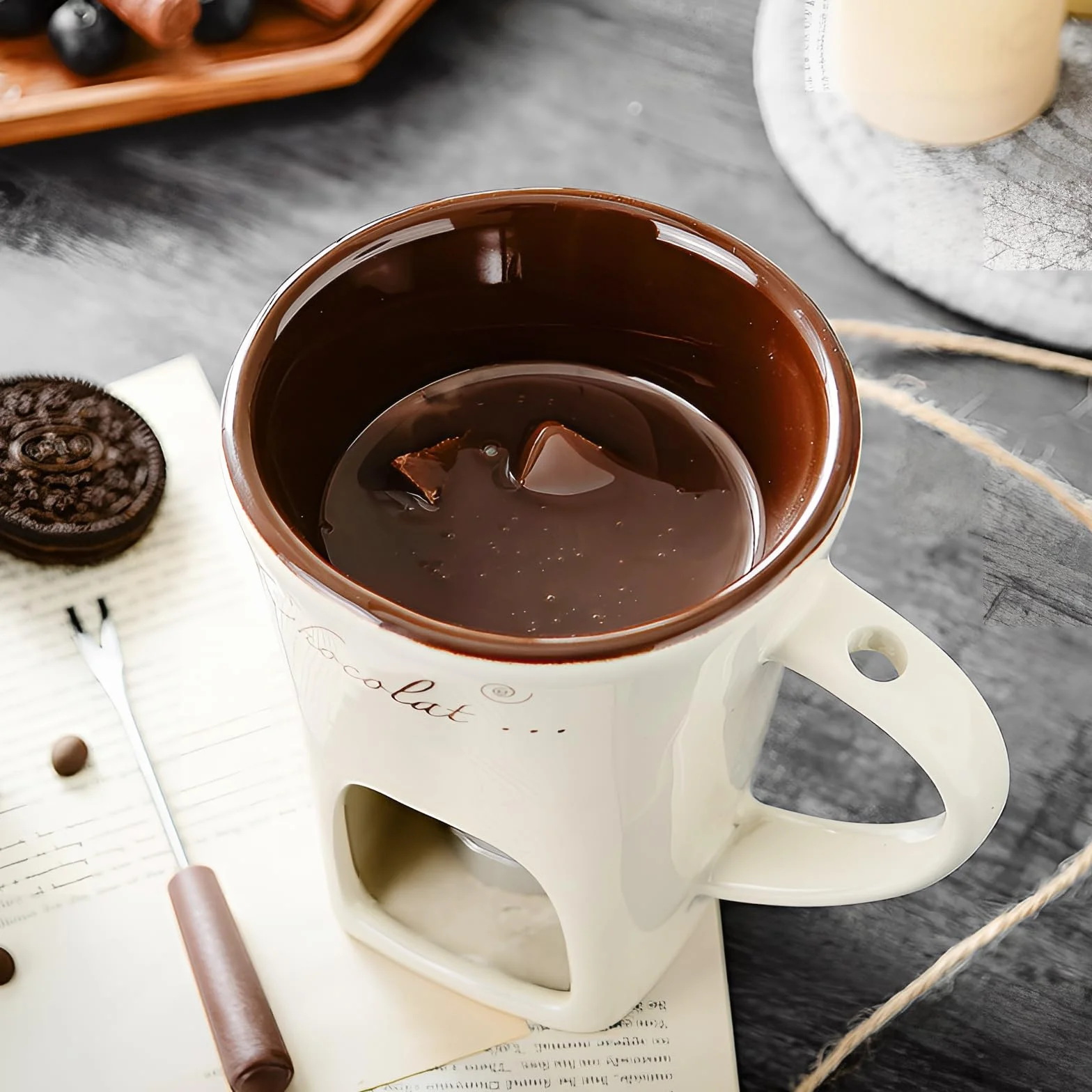 Juego de tazas de fondue de chocolate, 130 ml, taza de cerámica para fundir chocolate fondue de chocolate, taza con tenedor y vela de té para queso, chocolate, mantequilla, caramelo