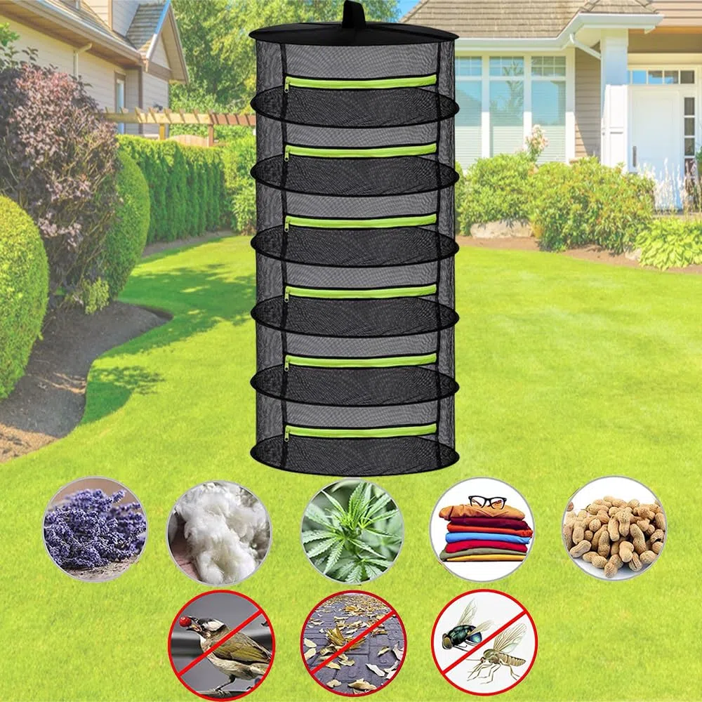 Red de secado para hierbas, 6 capas, con tijeras de podar y ganchos, plegable con cremallera, para hierbas, plantas, especias (verde + negro)