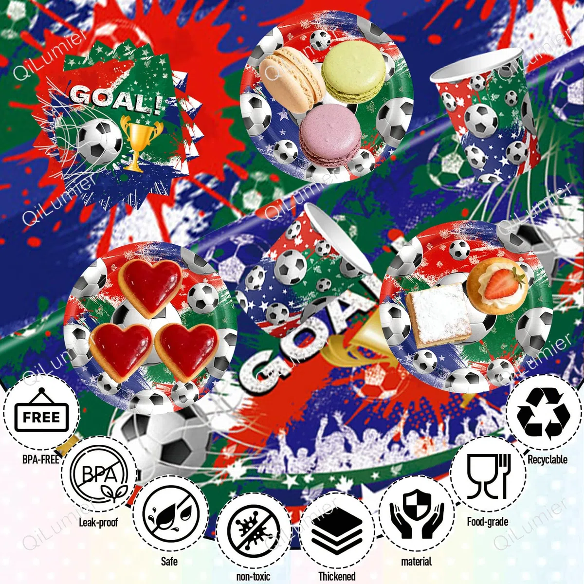 61 piezas Vajilla de fiesta de Fútbol, Vajilla de cumpleaños para niños, juego de platos de papel para fiestas, vasos, servilletas y manteles.