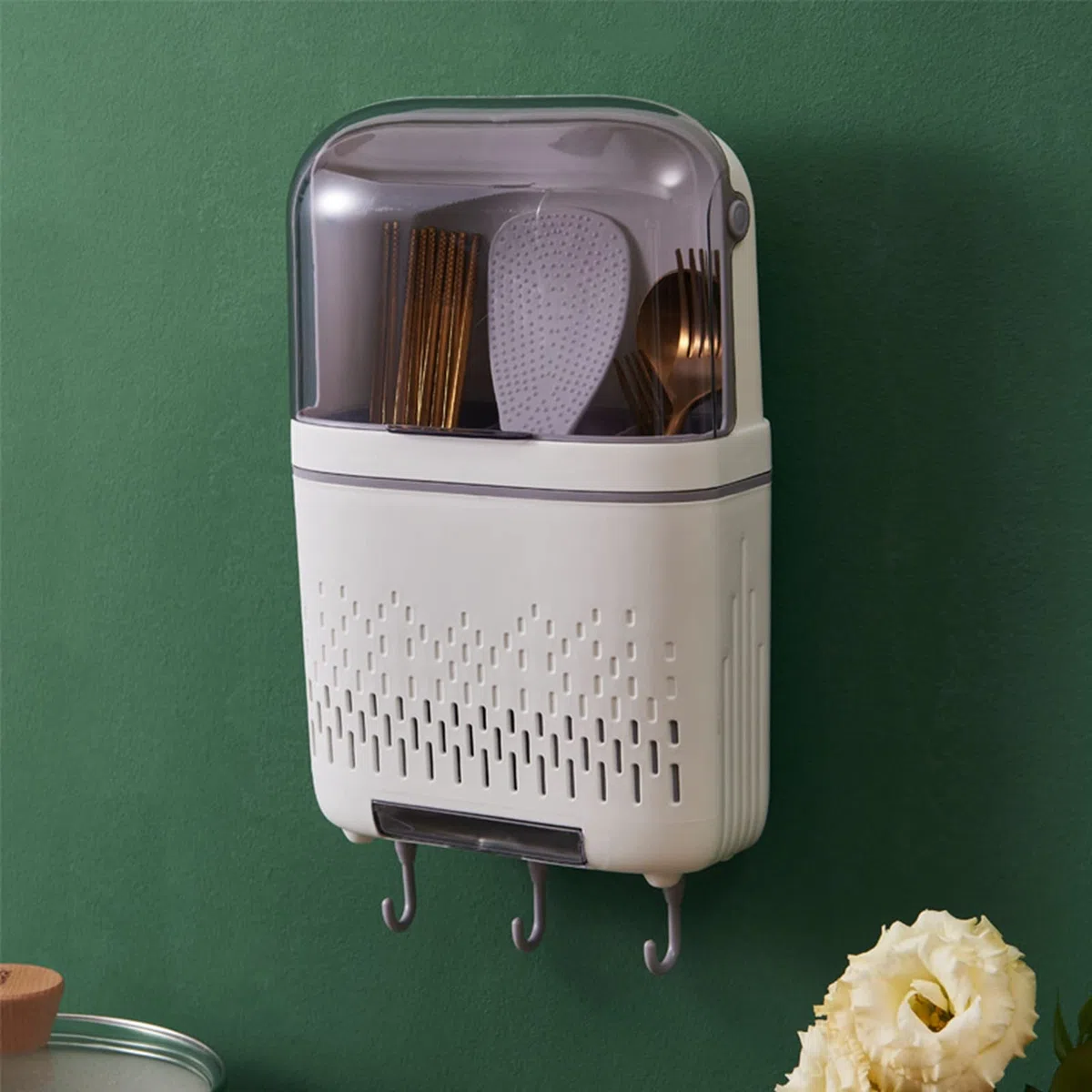 Nikou Escurridorde Cubiertos, Estante Colgante, Soporte para Palillos, escurridor compartimentado con Tapa para Cocina(Blanco)