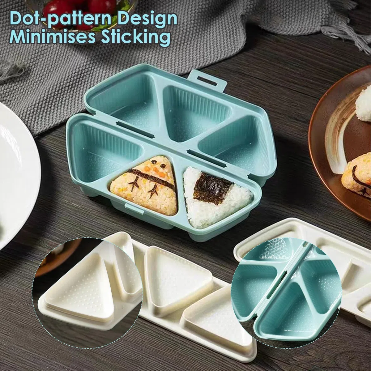 Molde para Onigiri y Fiambrera, 6 en 1 Molde Triangular de Sushi para 6 Onigiri, Kit para Hacer Sushi y Caja de Almacenamiento, para Almuerzo, Picnic y Fiestas