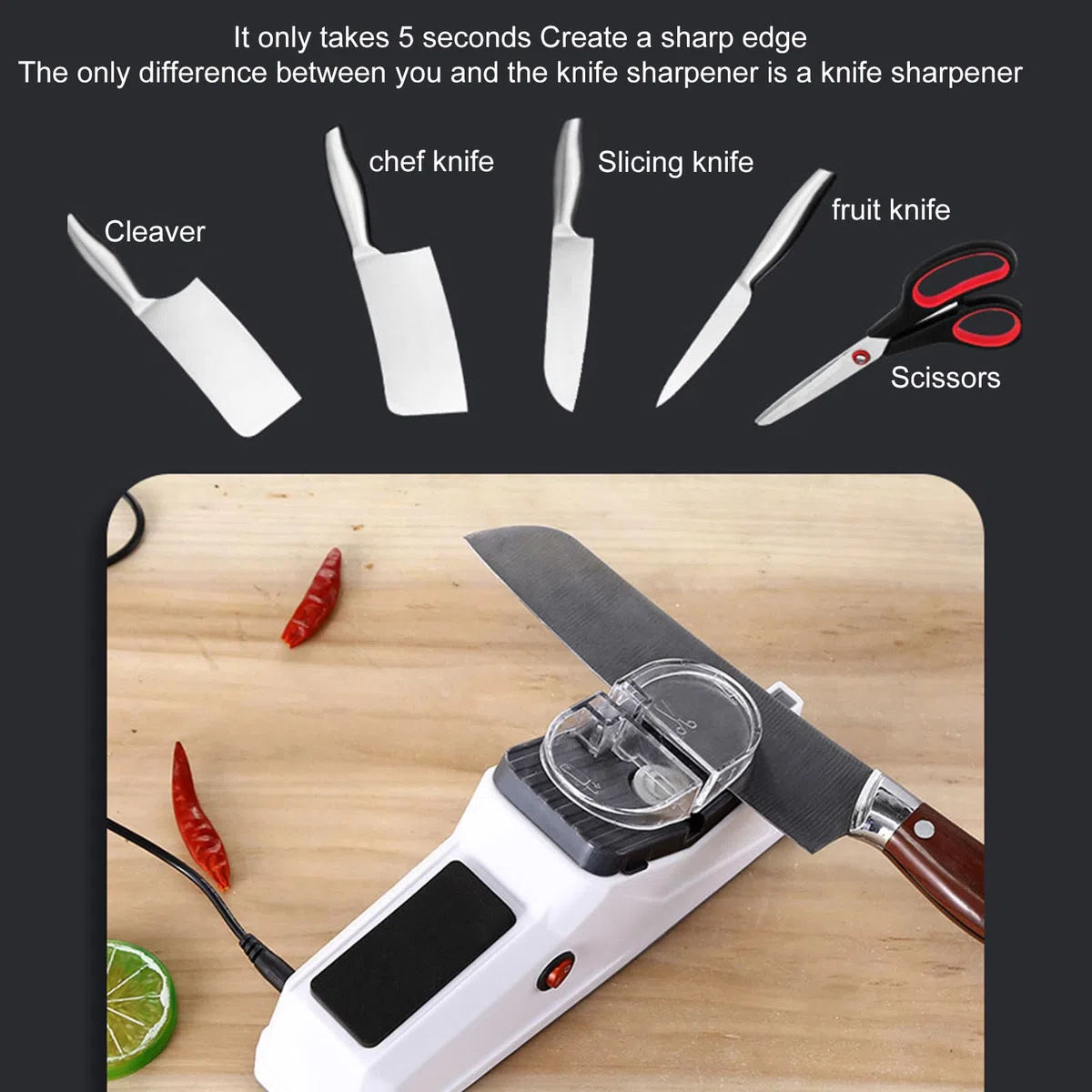 Afilador de cuchillos eléctrico con funda protectora, 5 cuchillas de afilado USB, afilado manual eléctrico en 5 segundos, base antideslizante, afilador de cuchillos para cuchillos de cocina, tijeras y