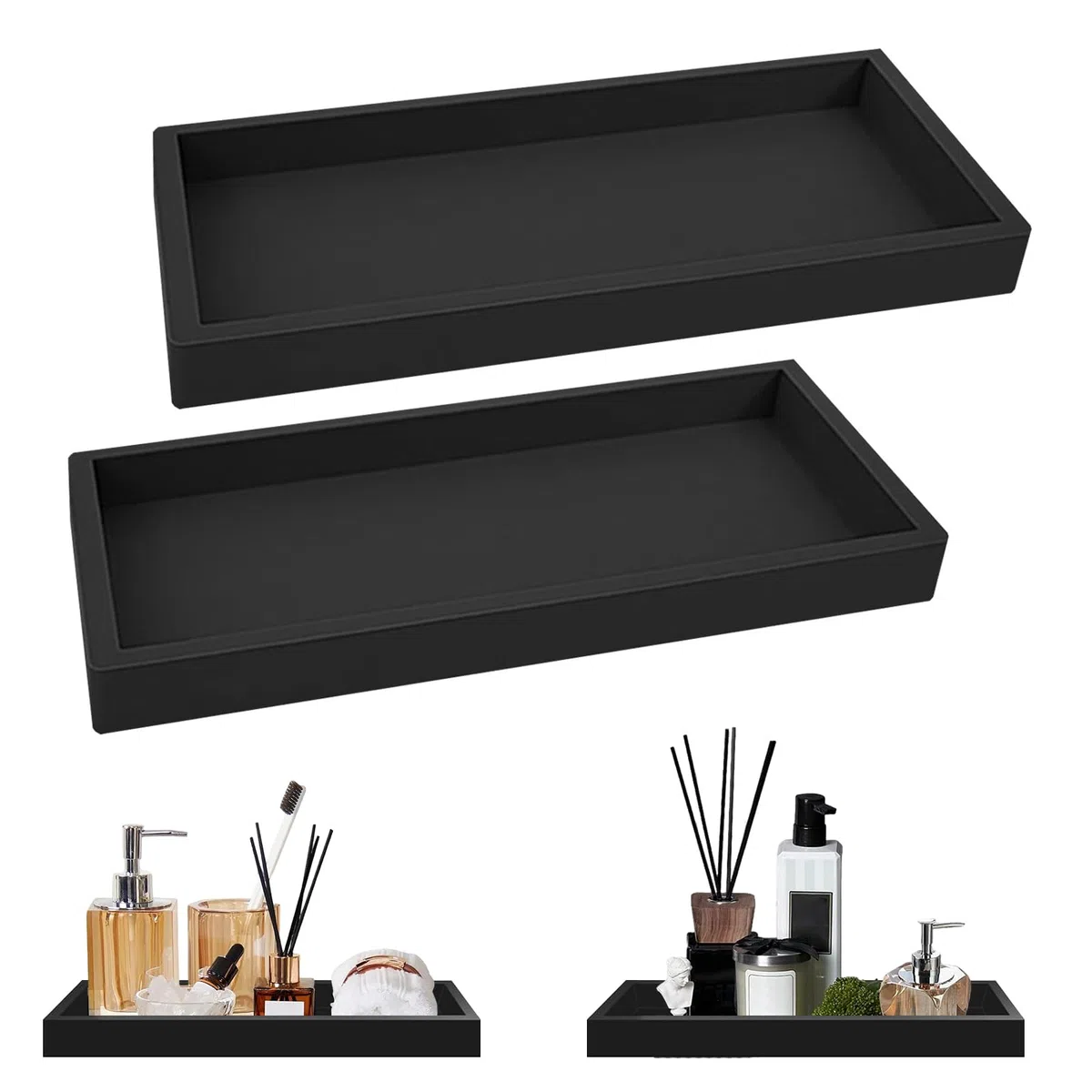 GAESHOW 2 Piezas Bandeja de Baño, Bandeja para bañera, Organizador de baño, Soporte de cosméticos para Velas de Tejido, Toalla, Anillo de Joyería (Negro)