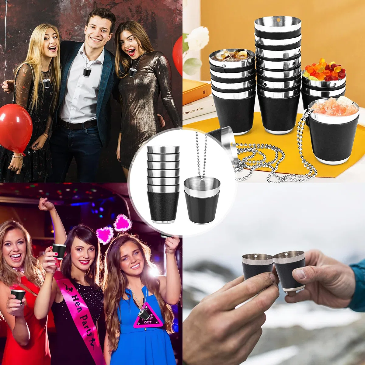 12 Piezas Vasos de Chupito de 30 ml de Acero Inoxidable Negro, Vasos de Chupito para Colgar, Para Celebraciones de Bodas, Carnavales y Fiestas al Aire Libre(4,2 x 3,7 cm, Negro + Plata)