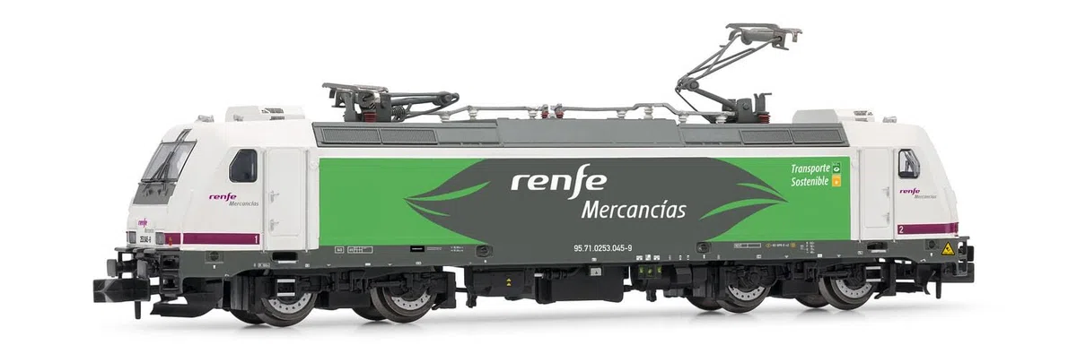 ARNOLD, RENFE, locomotora eléctrica 253, librea blanca morada Transporte Sostenible, periodo VI