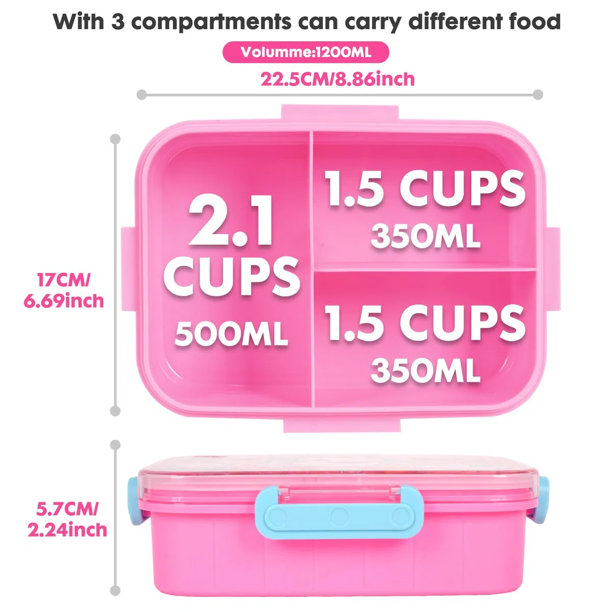 PinkSheep Loncheras Bento para niños, 1200 ml, sin BPA, a prueba de fugas, con 3 compartimentos para niños y niñas (gato)