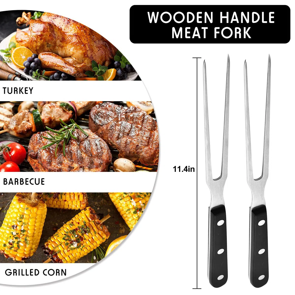 2 Pieza Tenedor de Carne con Mango, 29cm Tenedores de Acero Inoxidable, Tenedor de Carne con Mango de Plástico para Lavavajillas, Reutilizable, para Asar Pavo y Cenas (Negro)