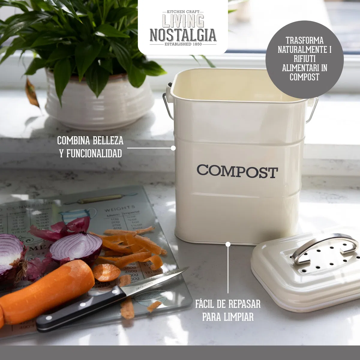 KitchenCraft Living Nostalgia Metal Kitchen Compost Bin, Antique Cream, 16.5 x 12 x 24 cm