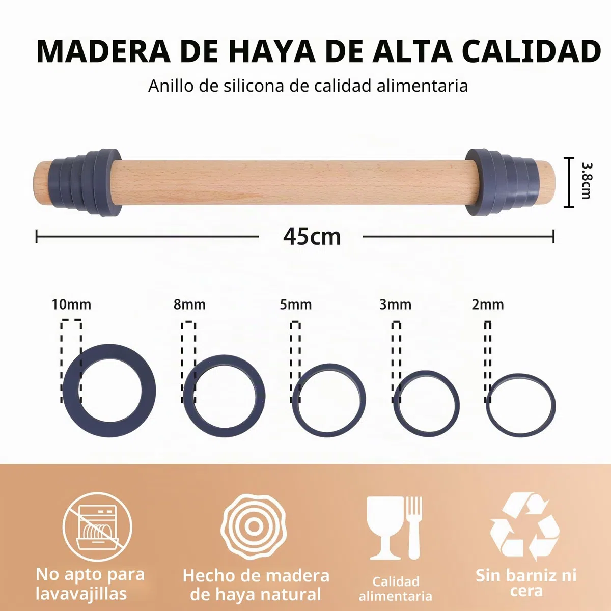 SUPER KITCHEN Rodillos de Amasar en Madera de Haya con 5 Discos Ajustables Anillo, Rodillo de Cocina, Accesorio para Hornear Pizza, Pasta, Galletas, Pastelería, Fondant (45cm)