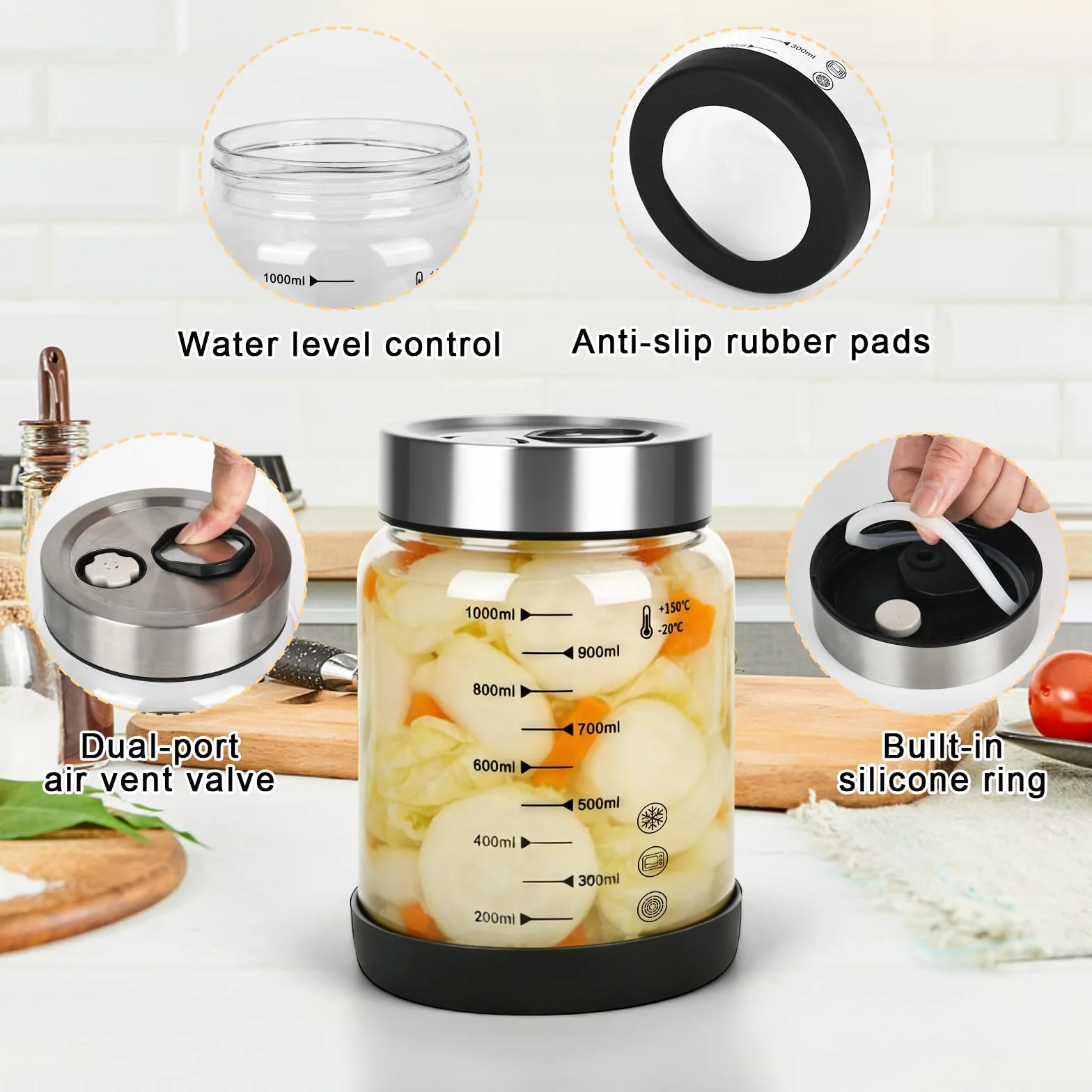 Tarro de fermentación con tapa de 1 L, vaso de fermentación con ventilador de fermentación, recipiente para kimchi, vaso de kéfir, vasos de fermentación, vidrio kimchi, cristal de fermentación