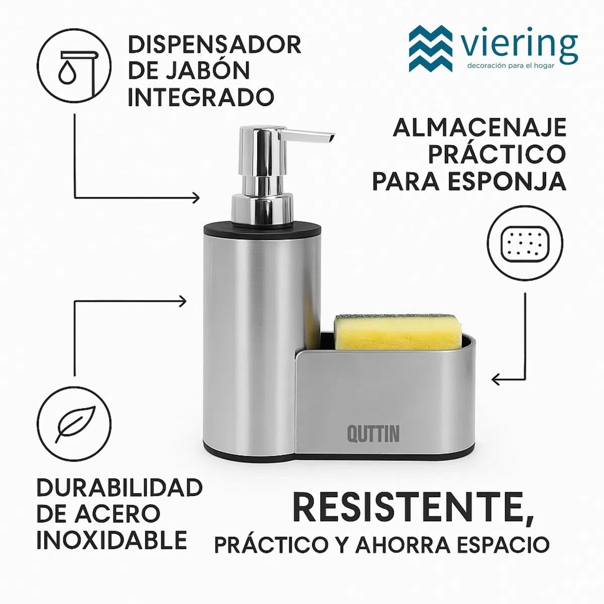Organizador de Fregadero de Cocina de Acero Inoxidable con dispensador de jabón Integrado–Porta estropajos y cepillos–Accesorio Resistente, Elegante y práctico–18,5 cm x 14,2 cm x 6,3 cm (Compacto)