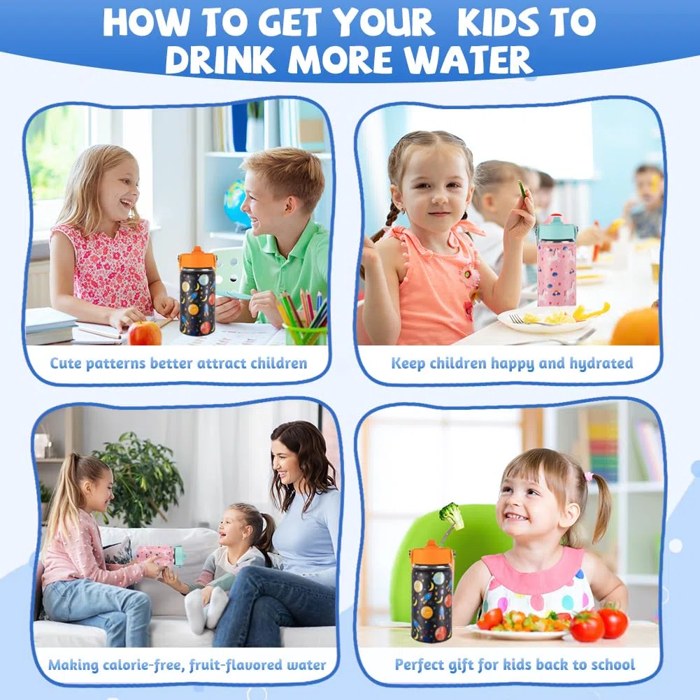 Botella de Agua para Niños de Acero Inoxidable 350ml, Botella de Agua Aislada, Botella Termica con Pajita, Reutilizable, Sin BPA, Sin Fugas, Asa de Transporte（Modelo Espacial）