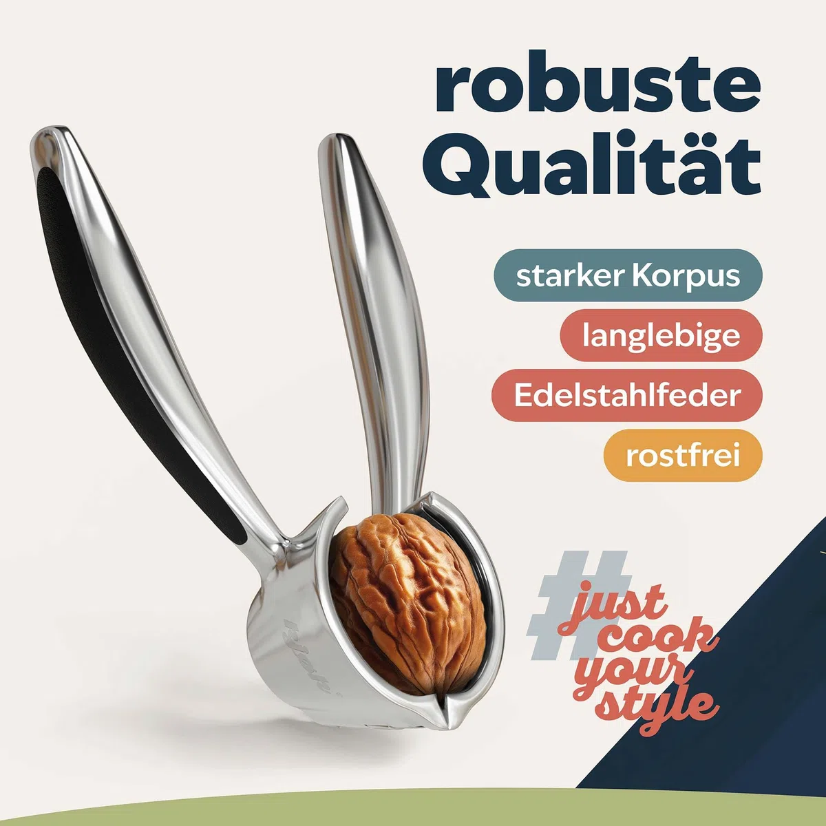 kjøk Cascanueces de metal resistente – abre nueces y avellanas, 350g pesado, Nutcracker aleación de zinc cromado, rompe nueces duras, diseño robusto y duradero