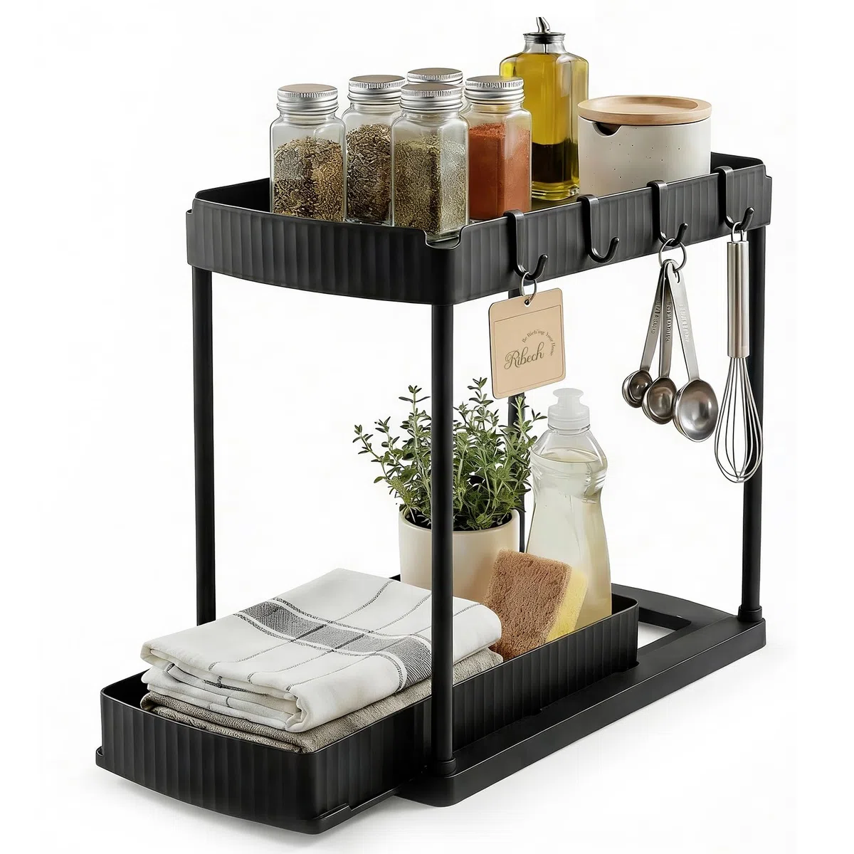 Organizador bajo Fregadero 2 Niveles con Cajón Extraíble – Sin Herramientas Estante con 4 Ganchos, para Baño & Cocina, Negro