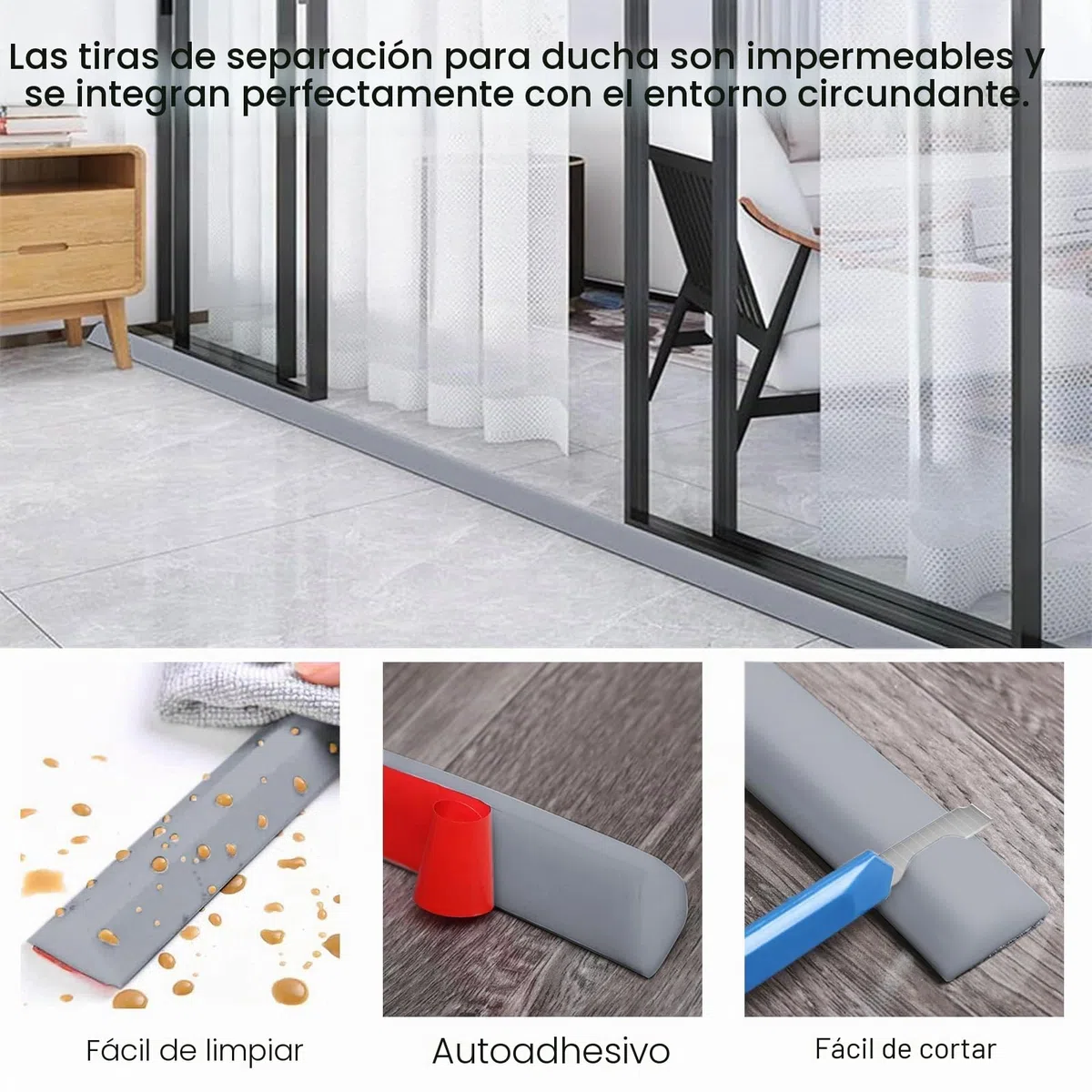 Barrera de Ducha y Sistema de Retención de Agua 200CM, Umbral Plegable de Silicona Impermeable Autoadhesiva para Baño y Cocina (Gris)