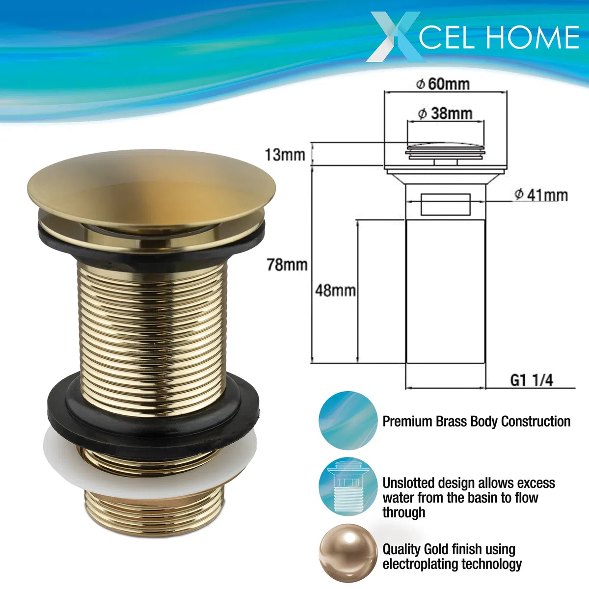 Oro Cepillado Sin Ranuras Clic Clack Desagüe de Lavabo | Tapón Pop-Up de Latón Redondo con Forma de Cúpula para Fregaderos y Lavabos de Baño | Fácil de Instalar Conexión Estándar G 1 1/4