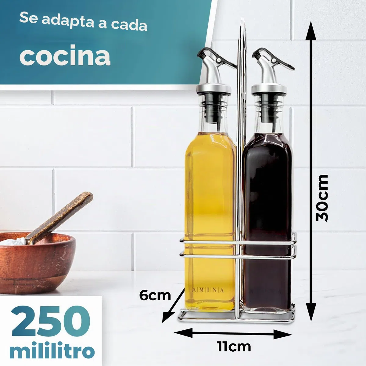 Juego de vinagrera y aceitera - (Toscana) 2 botellas de aceite de 250 ml con soporte | a prueba de fugas y sin goteo | con tapón antisuciedad