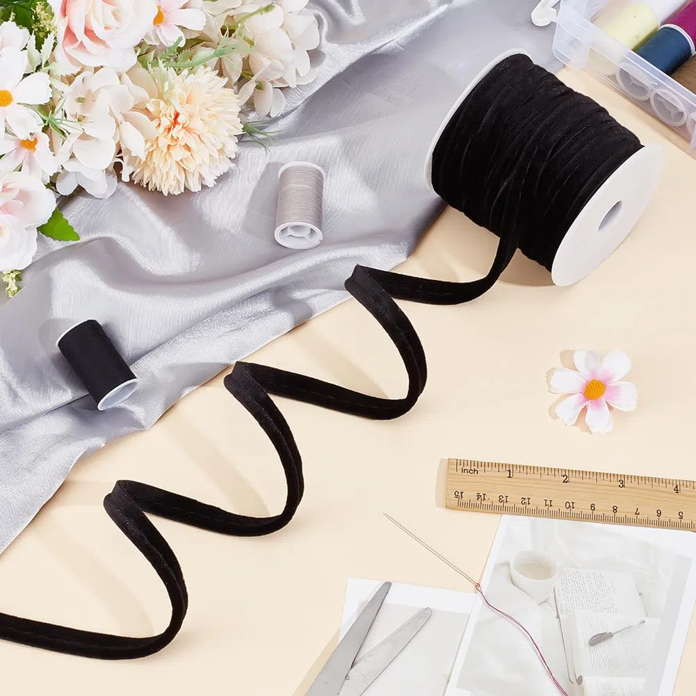 BENECREAT Cinta Bies de Terciopelo Negro de 16.4 m, Ribete de Cordón de 12 mm Ancho para Coser Prendas y Tapicería