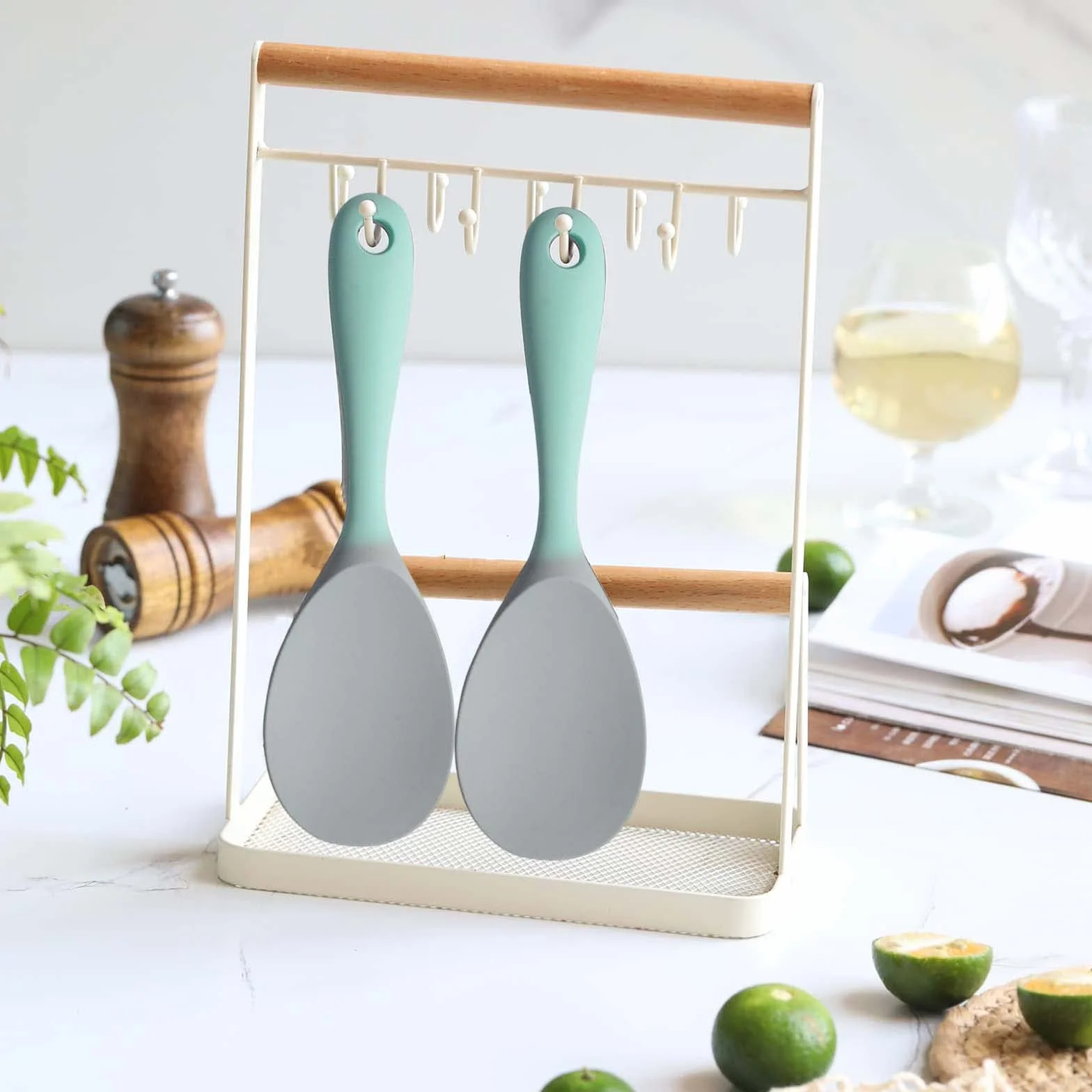 Paleta de Arroz Cuchara y Espátula de Silicona para Cocina, Cucharas Antiadherentes de Silicone para Servir