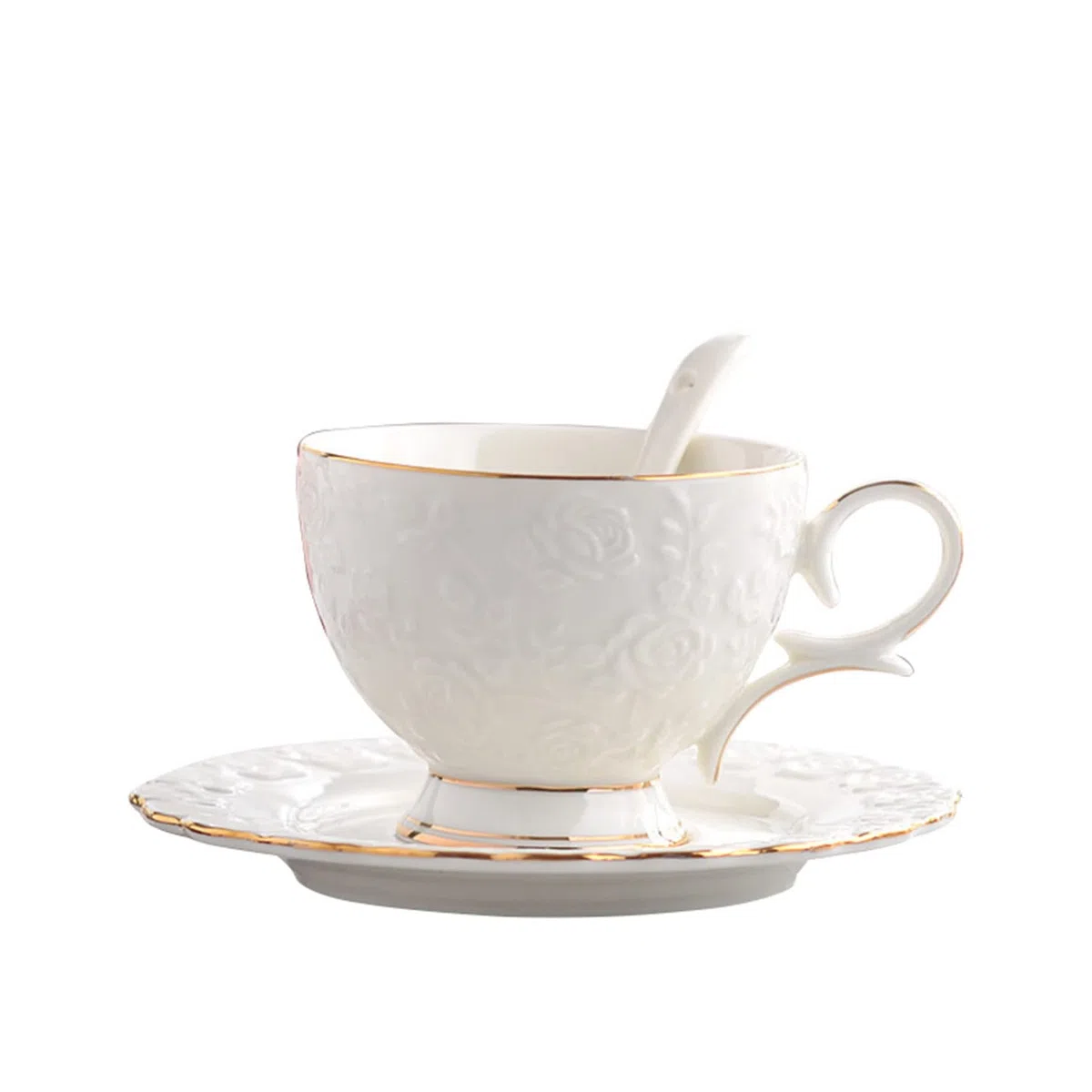 Juego de taza de té y platillo y cuchara, tazas de té de porcelana de hueso vintage, taza de té de rosa, juego de flores de rosa de 7.8 onzas